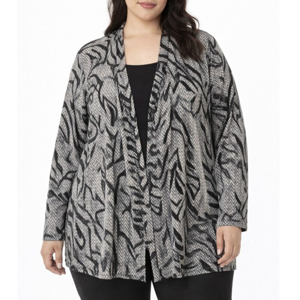 Susan Graver Plus Size Cardigan Liquid Knit Open Front Abstract Black Gray 2X
